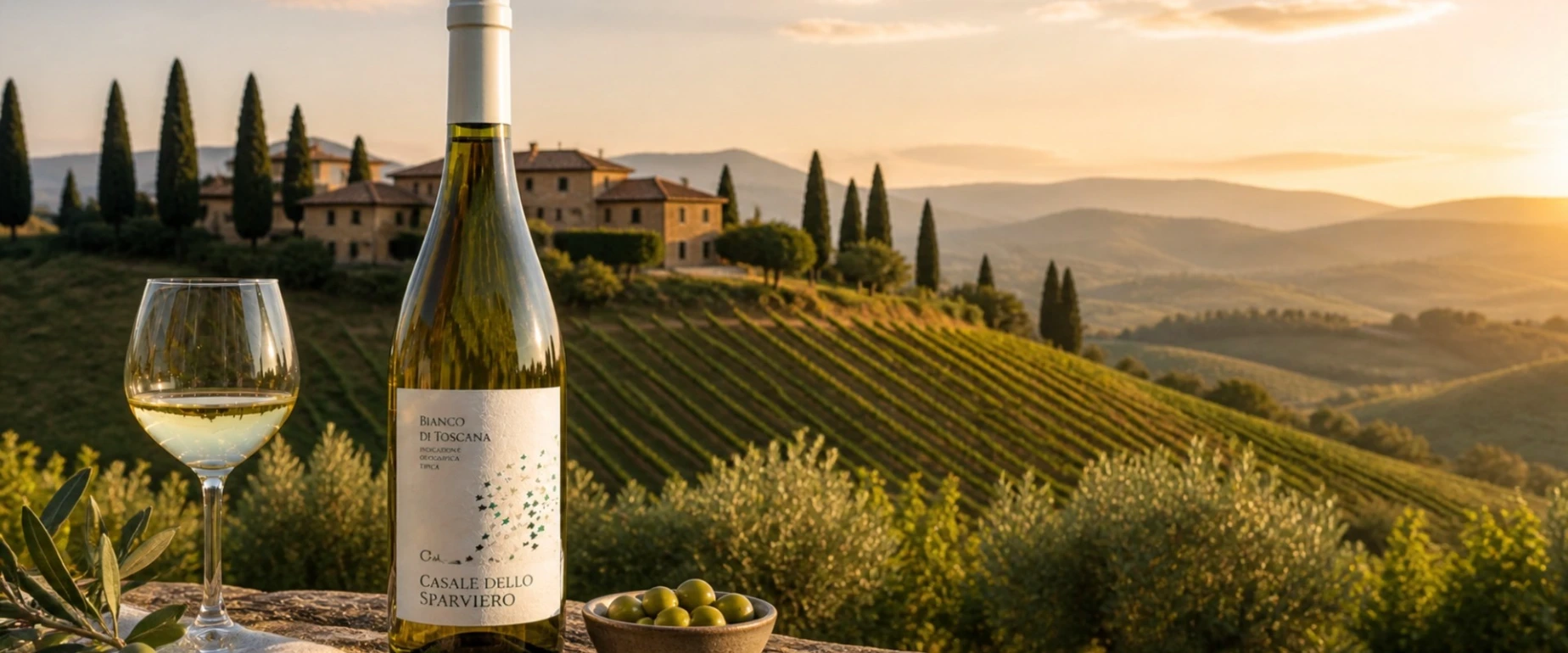 Elegante Toscaanse witte wijn Bianco Toscana IGT met wijngaard op achtergrond