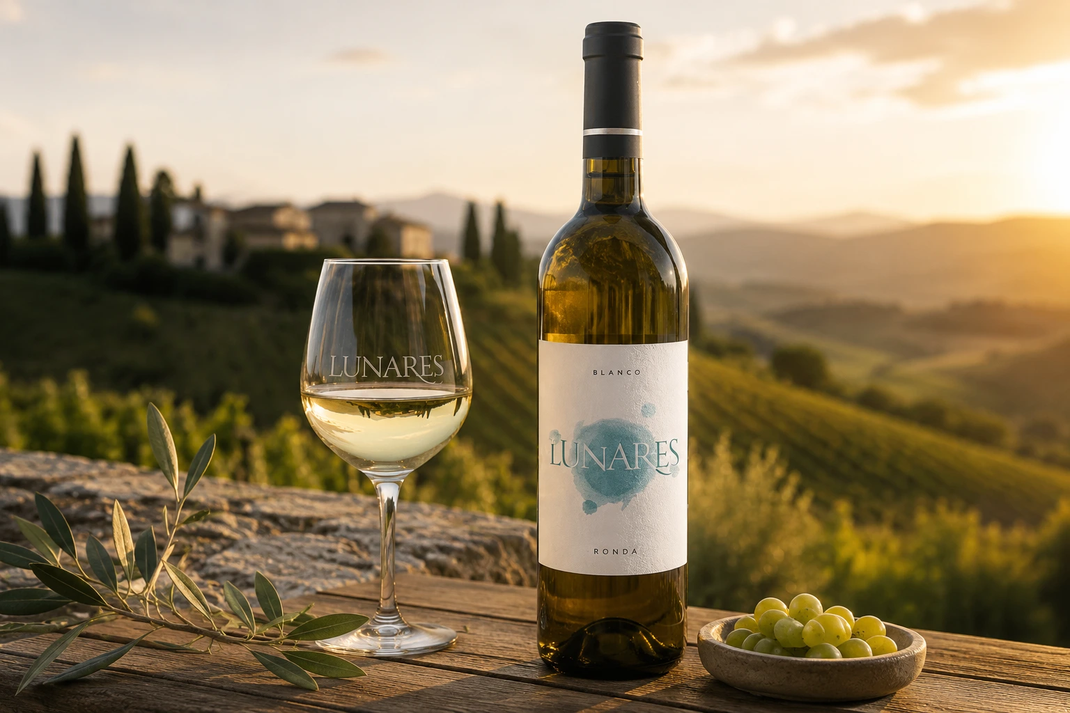 Elegante Spaanse witte wijn Bodegas Lunares Blanco met wijngaard op achtergrond