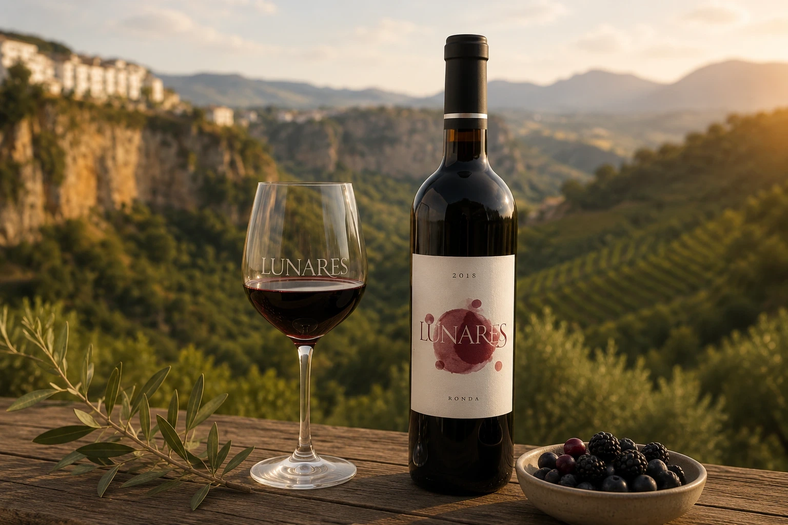 Elegante Spaanse rode wijn Bodegas Lunares Tinto met wijngaard op achtergrond